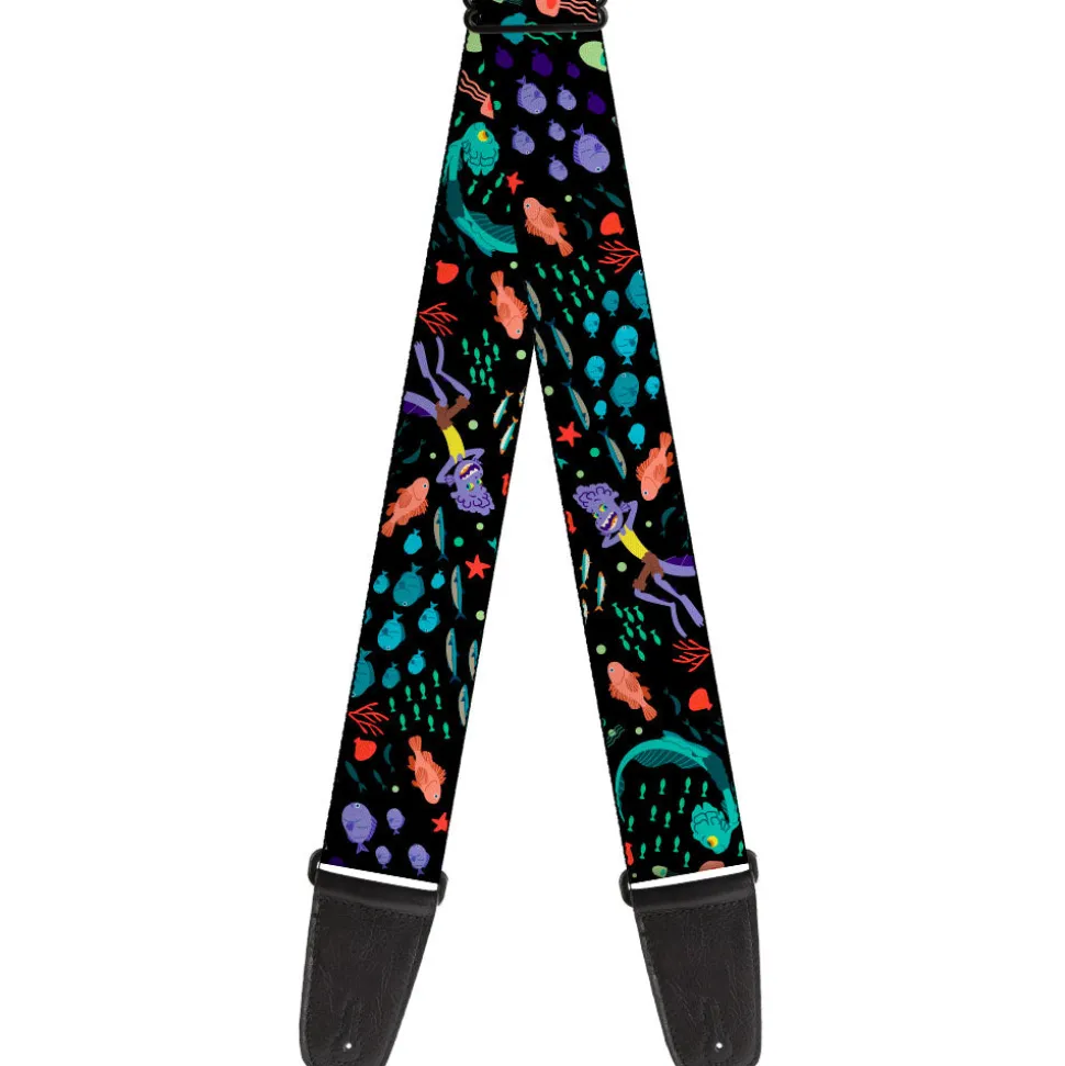 Guitar Strap - Luca Isola del Mar Luca and Alberto Sea Monsters School of Fish Collage Black