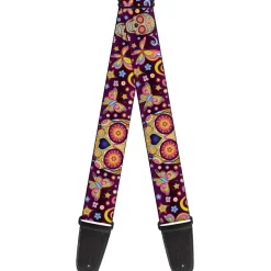 Guitar Strap - Mariposa Calaveras Butterflies Flowers Burgundy Multi Color