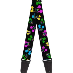 Guitar Strap - Mickey Mouse Expressions Scattered Black Multi Neon