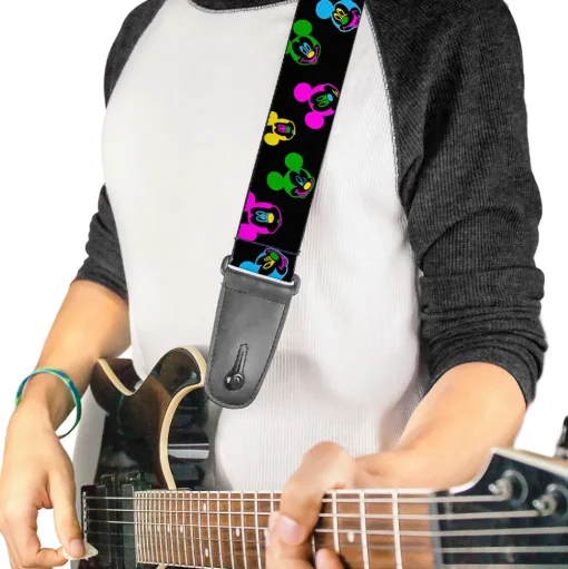 Guitar Strap - Mickey Mouse Expressions Scattered Black Multi Neon
