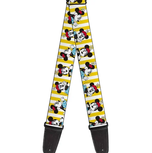 Guitar Strap - Minnie Mouse w Hat Poses Stripe Yellow White