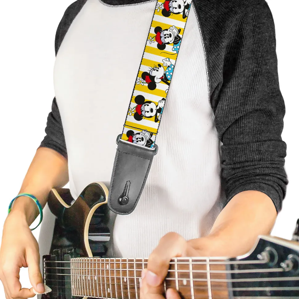 Guitar Strap - Minnie Mouse w Hat Poses Stripe Yellow White