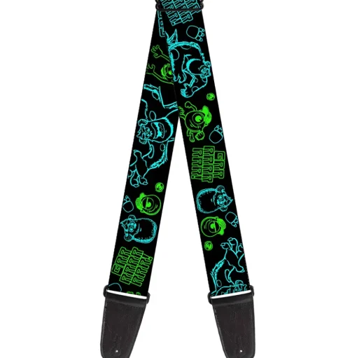 Guitar Strap - Monsters Inc Sully & Mike Poses GRRRRR! Black Turquoise Green