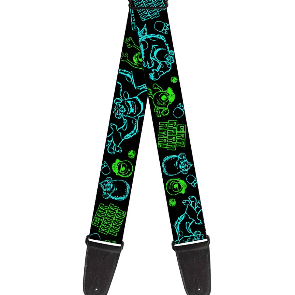 Guitar Strap - Monsters Inc Sully & Mike Poses GRRRRR! Black Turquoise Green