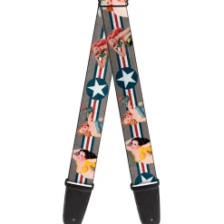 Guitar Strap - Pin Up Girl Poses CLOSE-UP Star & Stripes Gray Blue White Red