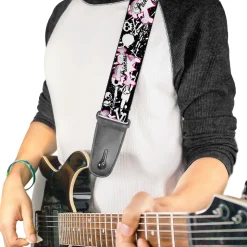 Guitar Strap - Punk Princess Heart & Cross Bones w Skulls & Splatter Black White