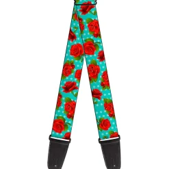 Guitar Strap - Red Roses Polka Dots Turquoise