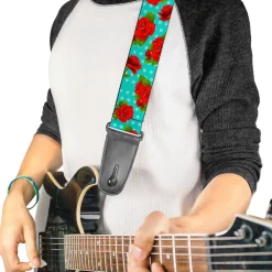 Guitar Strap - Red Roses Polka Dots Turquoise