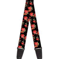 Guitar Strap - Red Roses Scattered Black