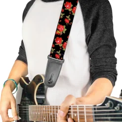 Guitar Strap - Red Roses Scattered Black