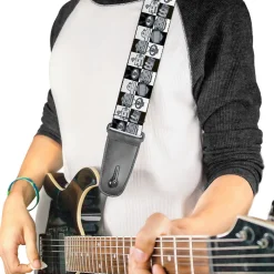 Guitar Strap - Robot Heads Checkers Black White