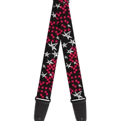 Guitar Strap - Sketch Stars w Checkers Black Fuchsia White