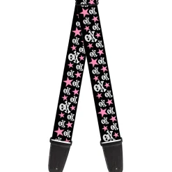 Guitar Strap - Skulls & Stars Black White Pink