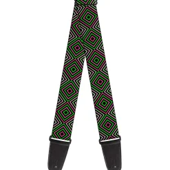 Guitar Strap - Square Lines Black Greens Pinks