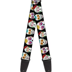 Guitar Strap - Staggered Sugar Skulls CLOSE-UP Black Multi Color