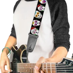 Guitar Strap - Staggered Sugar Skulls CLOSE-UP Black Multi Color