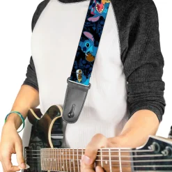 Guitar Strap - Stitch Snacking Poses Black Blue