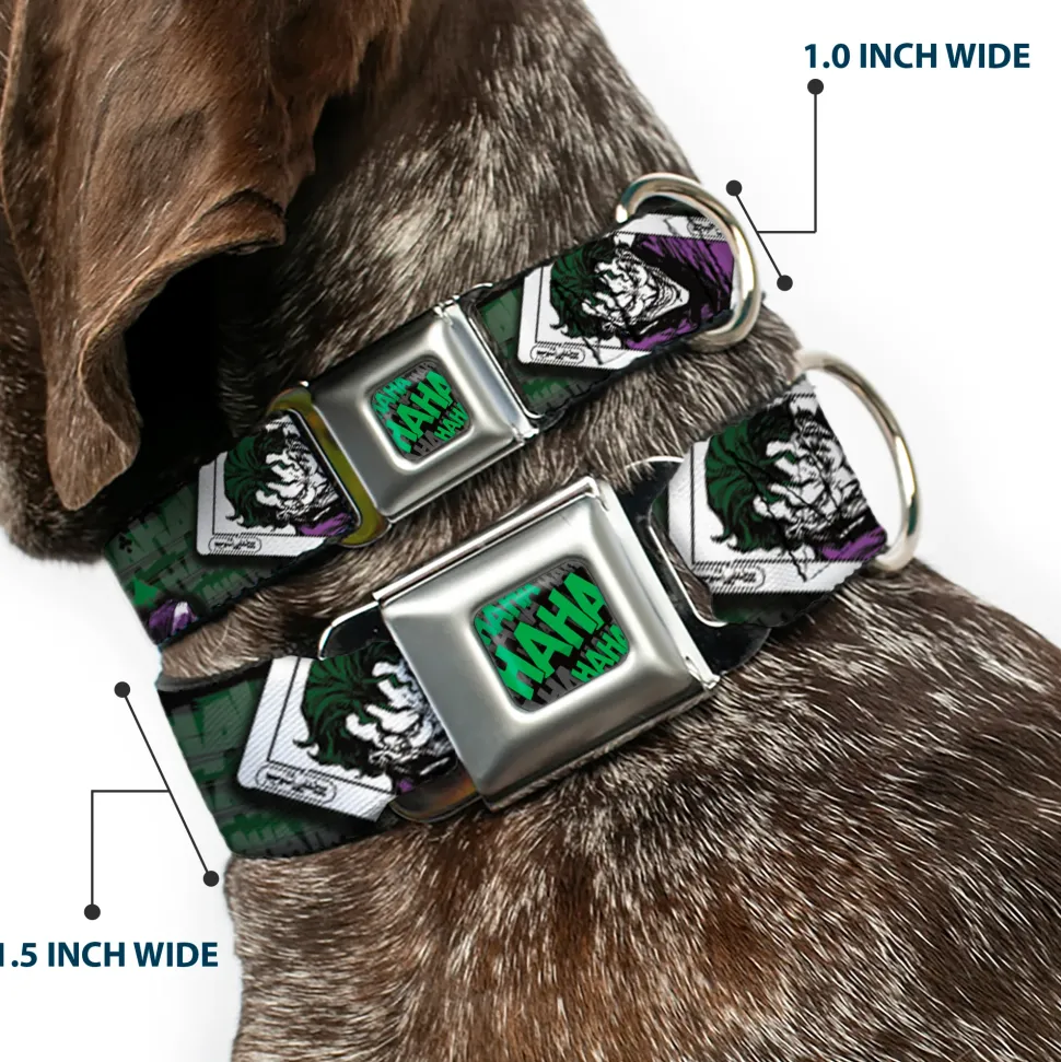 HAHA Stacked Full Color Black/Gray/Green Seatbelt Buckle Collar - The Joker 4-Poses/Joker Card HAHA/Smile/BANG! Grays/Greens/Purples