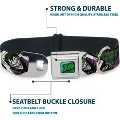 HAHA Stacked Full Color Black/Gray/Green Seatbelt Buckle Collar - The Joker 4-Poses/Joker Card HAHA/Smile/BANG! Grays/Greens/Purples