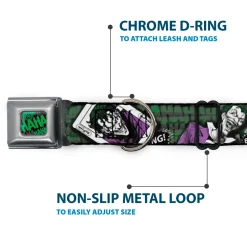 HAHA Stacked Full Color Black/Gray/Green Seatbelt Buckle Collar - The Joker 4-Poses/Joker Card HAHA/Smile/BANG! Grays/Greens/Purples