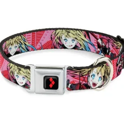 Harley Quinn Diamon Full Color Black/Red Seatbelt Buckle Collar - Harley Quinn Puddin Poses Anime Graphics Pink/Red