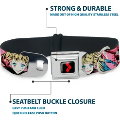 Harley Quinn Diamon Full Color Black/Red Seatbelt Buckle Collar - Harley Quinn Puddin Poses Anime Graphics Pink/Red