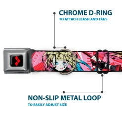 Harley Quinn Diamon Full Color Black/Red Seatbelt Buckle Collar - Harley Quinn Puddin Poses Anime Graphics Pink/Red