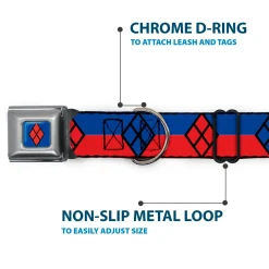 Harley Quinn Diamond Full Color Blue/Black/Red Seatbelt Buckle Collar - Harley Quinn Diamond/Stripe Red/Blue
