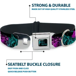HARLEY QUINN Full Color Black Turquoise Seatbelt Buckle Collar - HARLEY QUINN Pow & Aiming Poses/Joker Sketch Black/Turquoise/Fuchsia