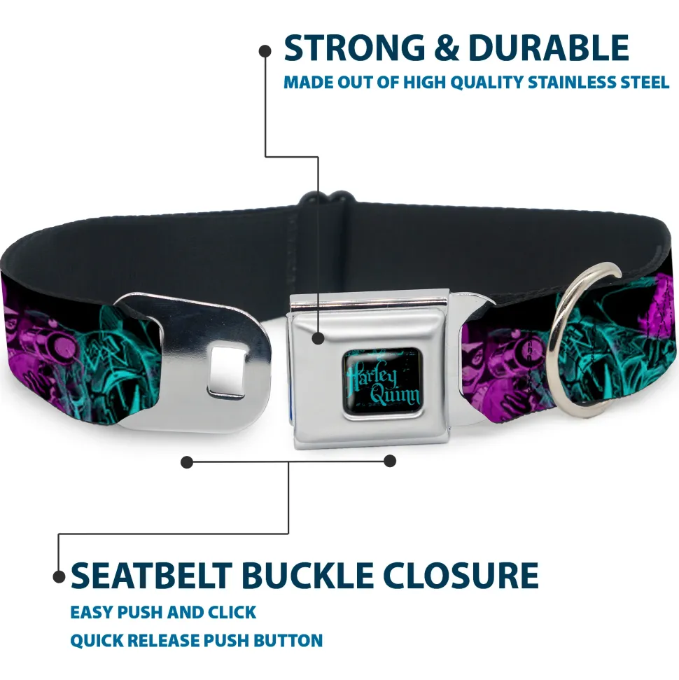 HARLEY QUINN Full Color Black Turquoise Seatbelt Buckle Collar - HARLEY QUINN Pow & Aiming Poses/Joker Sketch Black/Turquoise/Fuchsia