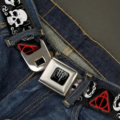 Harry Potter Logo Full Color Black/White Seatbelt Belt - Deathly Hallows Symbol/Death Mark Skull/Snakes Black/Gray/White/Red Webbing