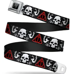 Harry Potter Logo Full Color Black/White Seatbelt Belt - Deathly Hallows Symbol/Death Mark Skull/Snakes Black/Gray/White/Red Webbing