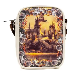Harry Potter Vegan Leather Round Crossbody Bag with Adjustable Straps, Hogwarts Floral Fantasy Off White