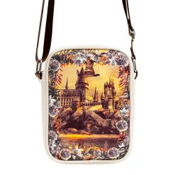Harry Potter Vegan Leather Round Crossbody Bag with Adjustable Straps, Hogwarts Floral Fantasy Off White
