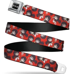 Hell's Paradise Kanji Title Logo Full Color Black/White Seatbelt Belt - Hell's Paradise Chibi Aza Toma Sword Poses Scattered Red Webbing
