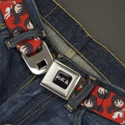 Hell's Paradise Kanji Title Logo Full Color Black/White Seatbelt Belt - Hell's Paradise Chibi Aza Toma Sword Poses Scattered Red Webbing