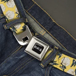 Hell's Paradise Kanji Title Logo Full Color Black/White Seatbelt Belt - Hell's Paradise Chibi Gabimaru Poses Scattered Yellow Webbing