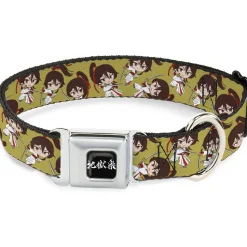Hell's Paradise Kanji Title Logo Full Color Black/White Seatbelt Buckle Collar - Hell's Paradise Chibi Sagiri Sword Poses Scattered Golden Yellow