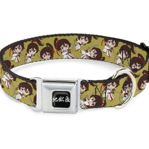 Hell's Paradise Kanji Title Logo Full Color Black/White Seatbelt Buckle Collar - Hell's Paradise Chibi Sagiri Sword Poses Scattered Golden Yellow