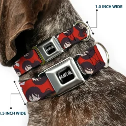 Hell's Paradise Kanji Title Logo Full Color Black/White Seatbelt Buckle Collar - Hell's Paradise Chibi Aza Toma Sword Poses Scattered Red