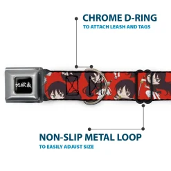 Hell's Paradise Kanji Title Logo Full Color Black/White Seatbelt Buckle Collar - Hell's Paradise Chibi Aza Toma Sword Poses Scattered Red