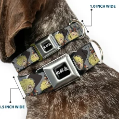 Hell's Paradise Kanji Title Logo Full Color Black/White Seatbelt Buckle Collar - Hell's Paradise Chibi Aza Chobei Axe Poses Scattered Gray