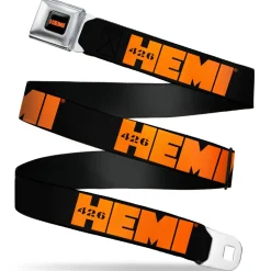 HEMI 426 Logo Full Color Black Orange Seatbelt Belt - HEMI 426 Logo Repeat Black/Orange Webbing