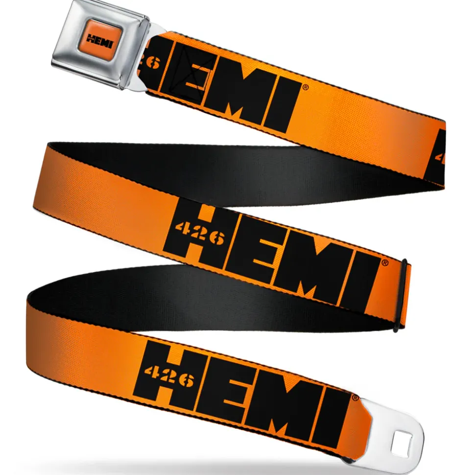 HEMI 426 Logo Full Color Orange Black Seatbelt Belt - HEMI 426 Logo Repeat Orange/Black Webbing
