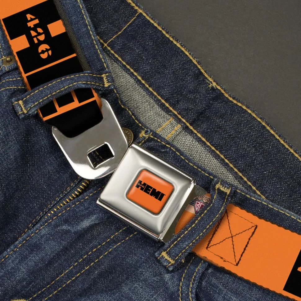 HEMI 426 Logo Full Color Orange Black Seatbelt Belt - HEMI 426 Logo Repeat Orange/Black Webbing