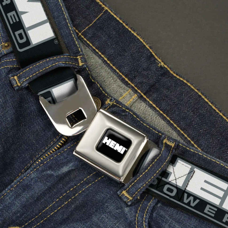 HEMI Bold Full Color Black/White Seatbelt Belt - HEMI POWERED Logo Black/Gray/White Webbing