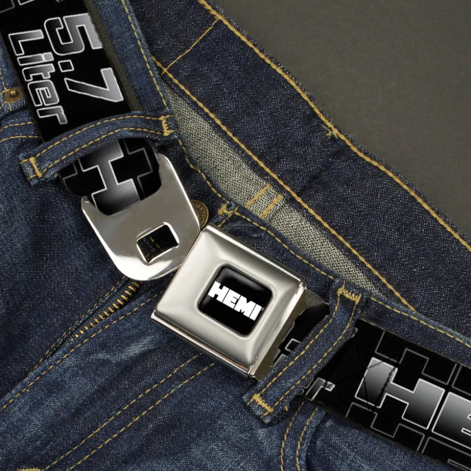 HEMI Bold Full Color Black/White Seatbelt Belt - HEMI 5.7 LITER Black/White/Silver-Fade Webbing