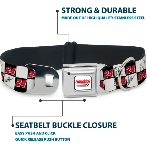 HENDRICK MOTORSPORTS Checker Logo Full Color Red/White Seatbelt Buckle Collar - William Byron Autograph and #24 Checker Logo Black/White/Red