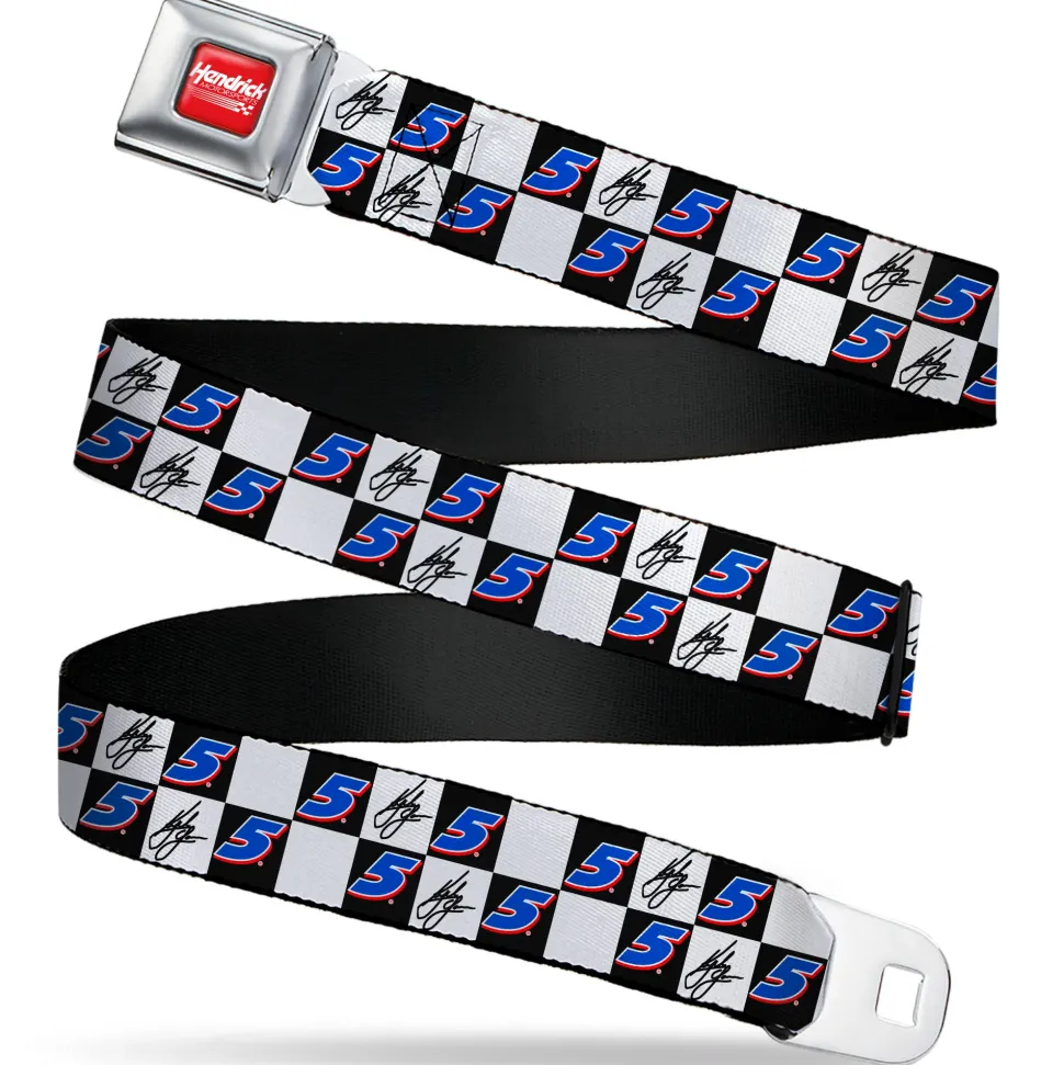 HENDRICK MOTORSPORTS Checker Logo Full Color Red/White Seatbelt Belt - Kyle Larson Autograph and #5 Checker Logo Black/White/Blue/Red Webbing