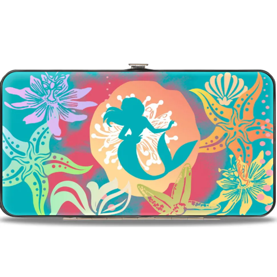 Hinged Wallet - Ariel Pose Silhouette Shells & Sea Flowers Collage Aqua Blue Multi Color